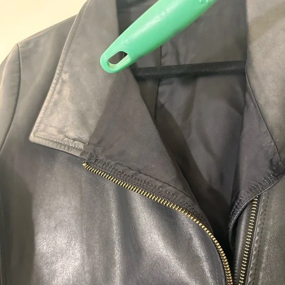 Eileen Fisher Leather black moto biker jacket Asymmetrical zip size small - Picture 16 of 16